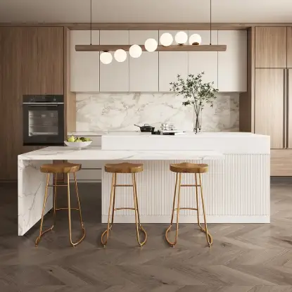 Picture of Modern 205 - 270 cm Extendable Marble Pattern Kitchen Island with Doors & Drawers, White – Lsland Top