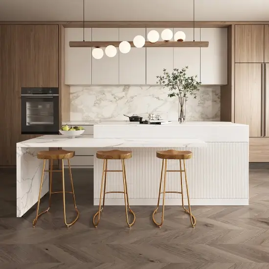 Modern 205 - 270 cm Extendable Marble Pattern Kitchen Island with Doors & Drawers, White – Lsland Top