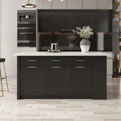 Picture of Modern 180 cm Sintered Stone Kitchen Island with Drawers & Cabinets, White & Black