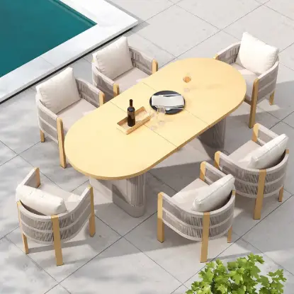 Costra 7-Piece Outdoor Rope Weave & Aluminum Extendable Dining Set with 6 Chairs in Ivory