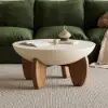 Curva 30" Round Concrete-Look Fiberglass Coffee Table with Wood Legs – Beige – Walnut – 76cm – Small Accent