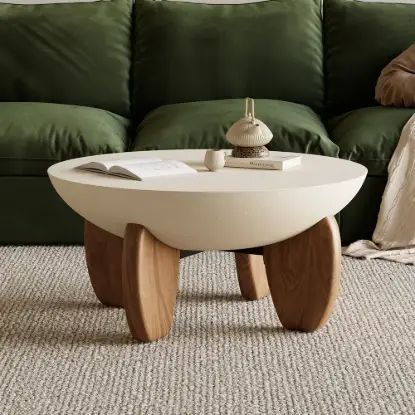 Picture of Curva 30" Round Concrete-Look Fiberglass Coffee Table with Wood Legs – Beige – Walnut – 76cm – Small Accent
