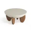 Curva 30" Round Concrete-Look Fiberglass Coffee Table with Wood Legs – Beige – Walnut – 76cm – Small Accent