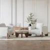 Curva 30" Round Concrete-Look Fiberglass Coffee Table with Wood Legs – Beige – Walnut – 76cm – Small Accent