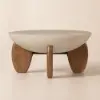 Curva 30" Round Concrete-Look Fiberglass Coffee Table with Wood Legs – Beige – Walnut – 76cm – Small Accent