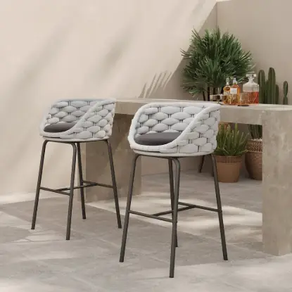 2 Pieces Outdoor Chair Patio Woven Rope & Aluminium 960 mm Bar Stools Set with Backs – AUD-H0945