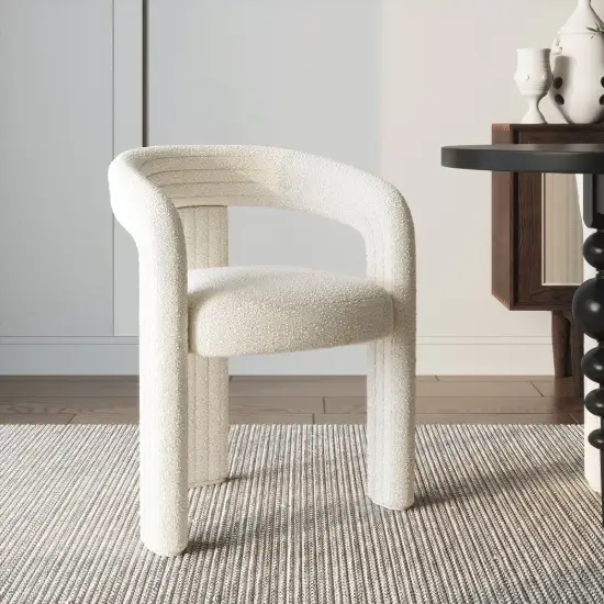 Picture of Modern Off White Boucle Dining Chair with Curved Back & Upholstered Legs, 4 Pieces