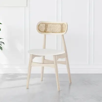 Picture of Japandi Bleached Wood PU Leather Upholstered Dining Chair with Wooden Legs, 2 Pieces