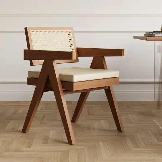 Archic Walnut Wood Dining Chair with Rattan Upholstery, 2 Pieces