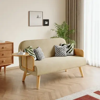 152 cm 2-Seater Cotton & Linen Pull-out Sofa Sofa with Rotating Tray
