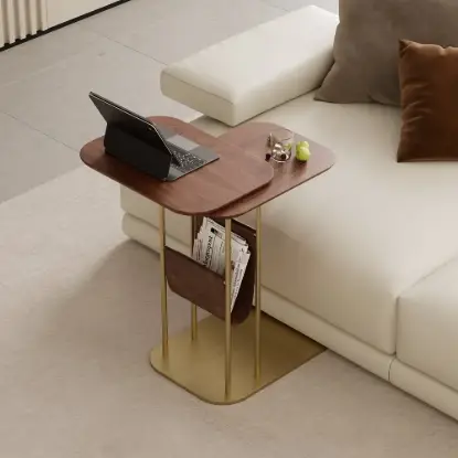 Picture of Modern 50 cm C-Shaped Walnut & Gold Rotating End Table with Magazine Rack