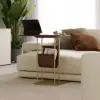 Modern 50 cm C-Shaped Walnut & Gold Rotating End Table with Magazine Rack