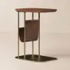 Modern 50 cm C-Shaped Walnut & Gold Rotating End Table with Magazine Rack