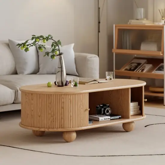 Stria 1200mm Modern Oval Natural Solid Wood Fluted Coffee Table with Storage – AUD-H0973