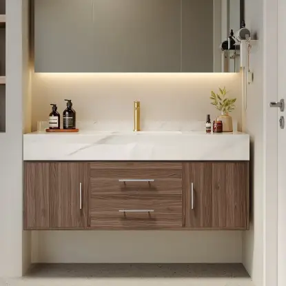 Modern 39" Walnut Floating Single Bathroom Vanity with Sintered Stone Top and Sink
