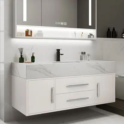 Modern 39" White Floating Single Bathroom Vanity with Sintered Stone Top and Sink