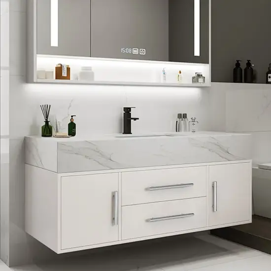Modern 39" White Floating Single Bathroom Vanity with Sintered Stone Top and Sink