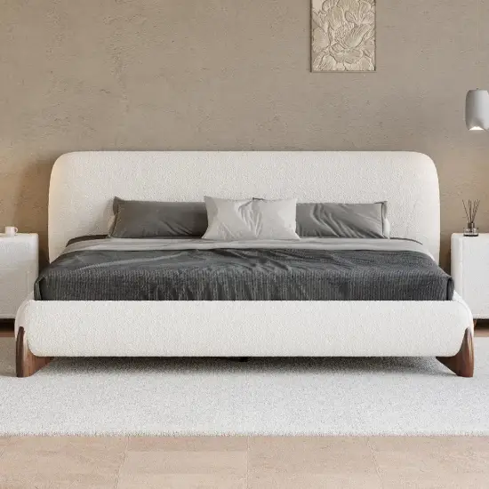 Curva Queen Boucle Upholstered Platform Bed with Natural Legs – 183cm