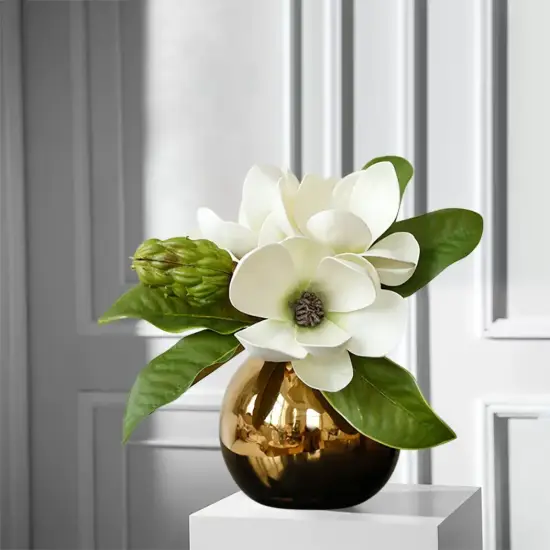 Picture of Fashionable Artificial Flowers in Vase Faux Magnolia Gold Glass Ball Vase Set