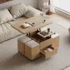 100 cm Lift-Top Foldable Natural Coffee Table with 4 Stools & Storage