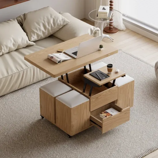 100 cm Lift-Top Foldable Natural Coffee Table with 4 Stools & Storage