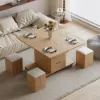 100 cm Lift-Top Foldable Natural Coffee Table with 4 Stools & Storage