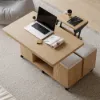 100 cm Lift-Top Foldable Natural Coffee Table with 4 Stools & Storage
