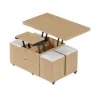 100 cm Lift-Top Foldable Natural Coffee Table with 4 Stools & Storage