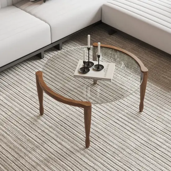 800mm Round Glass Mid Century Modern Coffee Table with Wood Legs