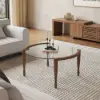 800mm Round Glass Mid Century Modern Coffee Table with Wood Legs