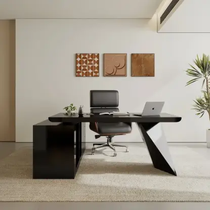 Picture of Set Black L-Shape Executive Desk Right Hand Reclining Leather Office Desk Chair (1800m)