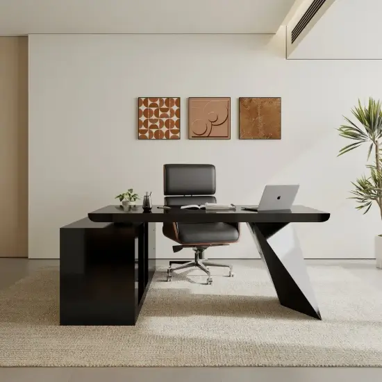 Set Black L-Shape Executive Desk Right Hand Reclining Leather Office Desk Chair (1800m)