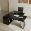 Set Black L-Shape Executive Desk Right Hand Reclining Leather Office Desk Chair (1800m)
