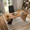 Set Industrial Distressed Wood Writing Desk Black Faux Leather Office Chair (1600mm)