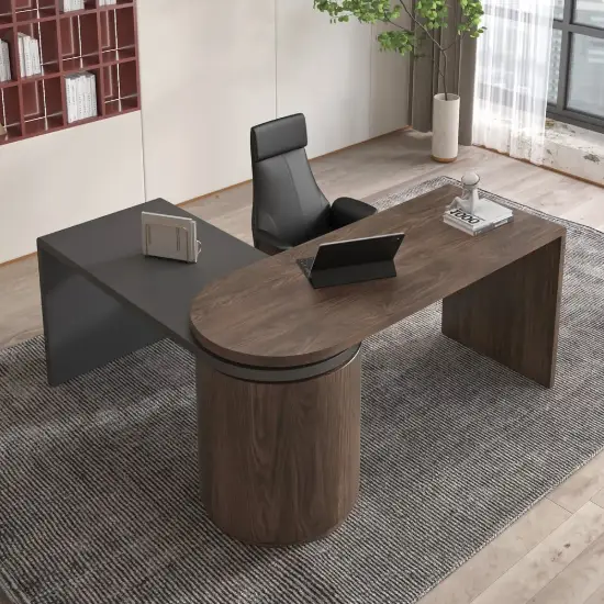 Modern Set L-Shaped Desk in Walnut & Reclining Leather Office Adjustable Swivel Chair