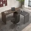 Modern Set L-Shaped Desk in Walnut & Reclining Leather Office Adjustable Swivel Chair