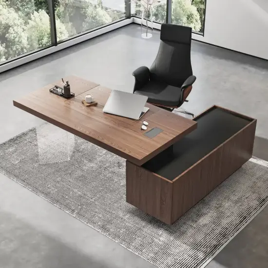 Set Modern Walnut Standing L-Shape Desk & Reclining Leather Office Desk Chair (71.5")