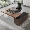 Set Modern Walnut Standing L-Shape Desk & Reclining Leather Office Desk Chair (71.5")