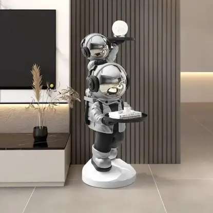Astronaut Resin Figurine Silver Side Table with Tray Top