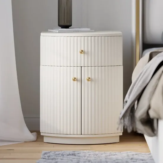 Modern Barrel White Fluted Bedside Table in Faux Leather with Storage