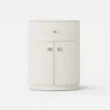 Modern Barrel White Fluted Bedside Table in Faux Leather with Storage