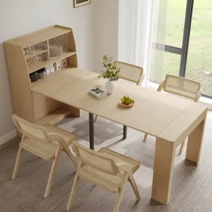 Picture of Modern Extendable Dining Table with Storage & 4 Natural Folding Dining Chairs Solid Wood