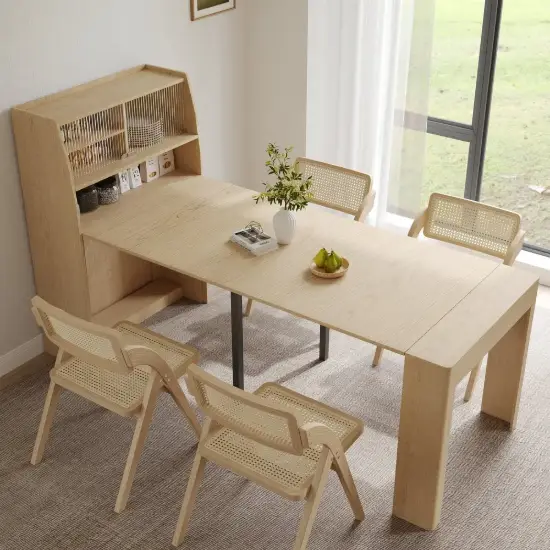 Modern Extendable Dining Table with Storage & 4 Natural Folding Dining Chairs Solid Wood
