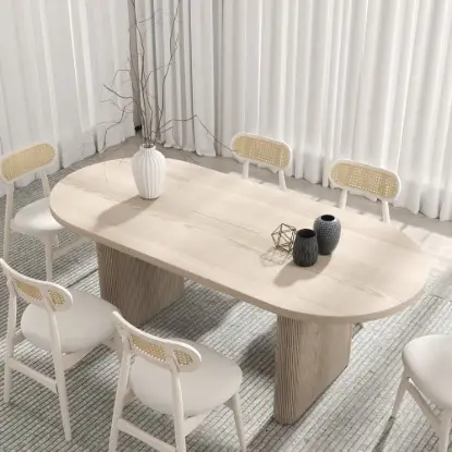 Picture of Japandi Oval Extendable Whitewash Dining Table & 6 Wood Rattan Dining Chairs Set