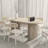 Japandi Oval Extendable Whitewash Dining Table & 6 Wood Rattan Dining Chairs Set