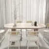 Japandi Oval Extendable Whitewash Dining Table & 6 Wood Rattan Dining Chairs Set