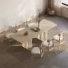 Japandi Extendable Whitewash Dining Table & 6 Wood Rattan Upholstered Dining Chairs Set