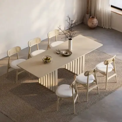 Picture of Japandi Extendable Whitewash Dining Table & 6 Wood Rattan Upholstered Dining Chairs Set