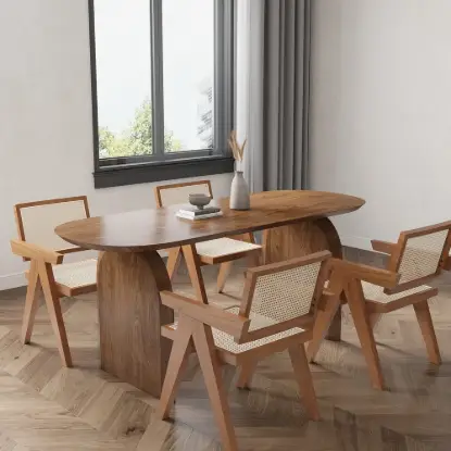 1800mm Japandi Dining Table & 4 Walnut Japandi Rattan Dining Chairs Solid Wood Frame