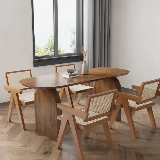 1800mm Japandi Dining Table & 4 Walnut Japandi Rattan Dining Chairs Solid Wood Frame